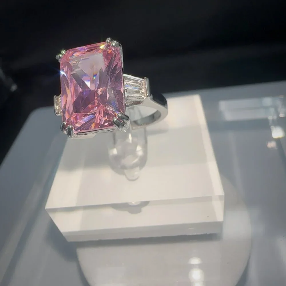 Pink Cubic Zirconia Silver Emerald Cut Ring